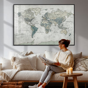 Neutral Vintage World Map Canvas Wall Art Print, Classic Map