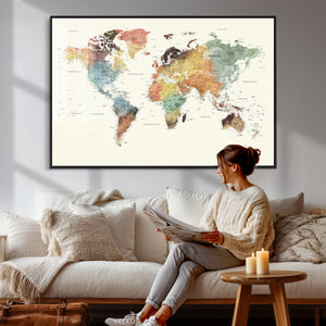 Framed World Map Wall Art Canvas Print for Living Room and