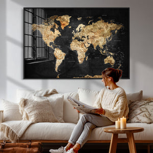 World Map Canvas Wall Art with Famous Landmarks – Framed