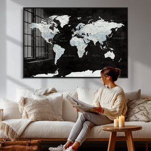 World Map Canvas Print – Framed Push Pin Wall Art, Color