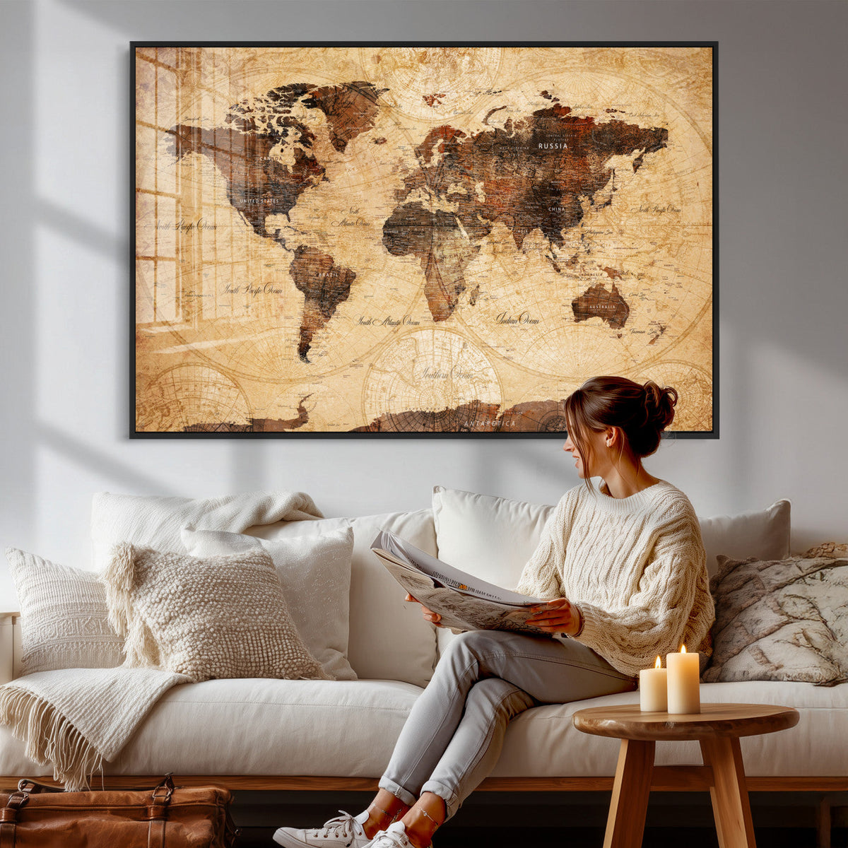 Modern Red and Gray World Map Canvas Print – Framed Wall Art