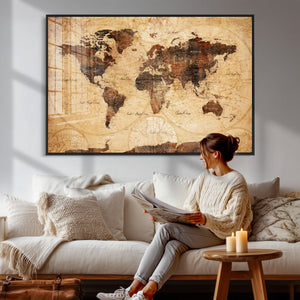 Modern Red and Gray World Map Canvas Print – Framed Wall Art