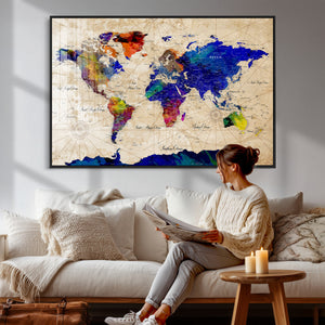 Watercolor World Map Canvas Print – Framed Wall Art for