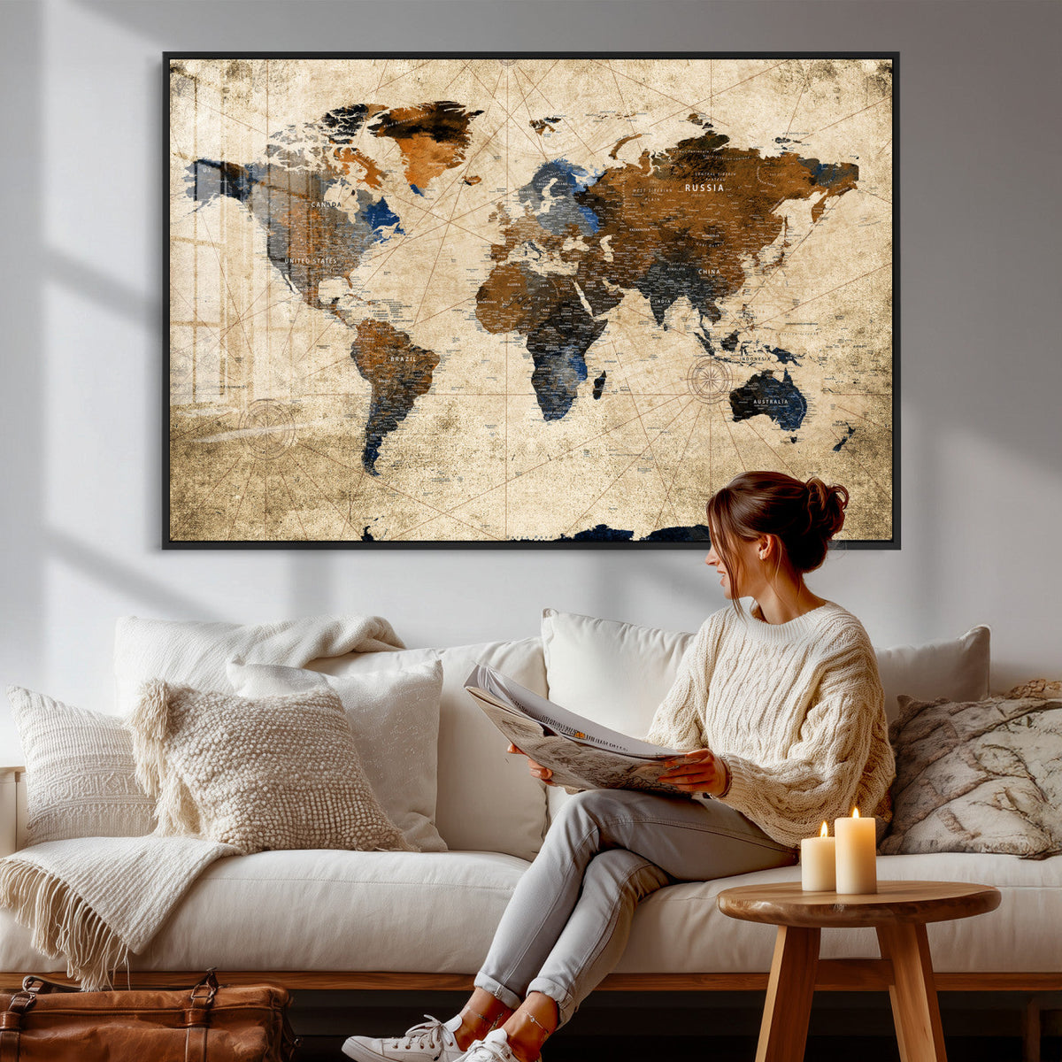 World Map Wall Art – Rustic Earth Tone Canvas Print, Antique
