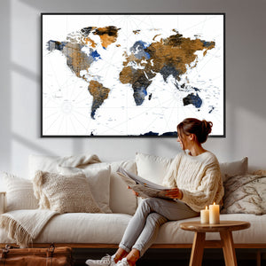 World Map Wall Art Canvas Print, Modern Decorative Framed