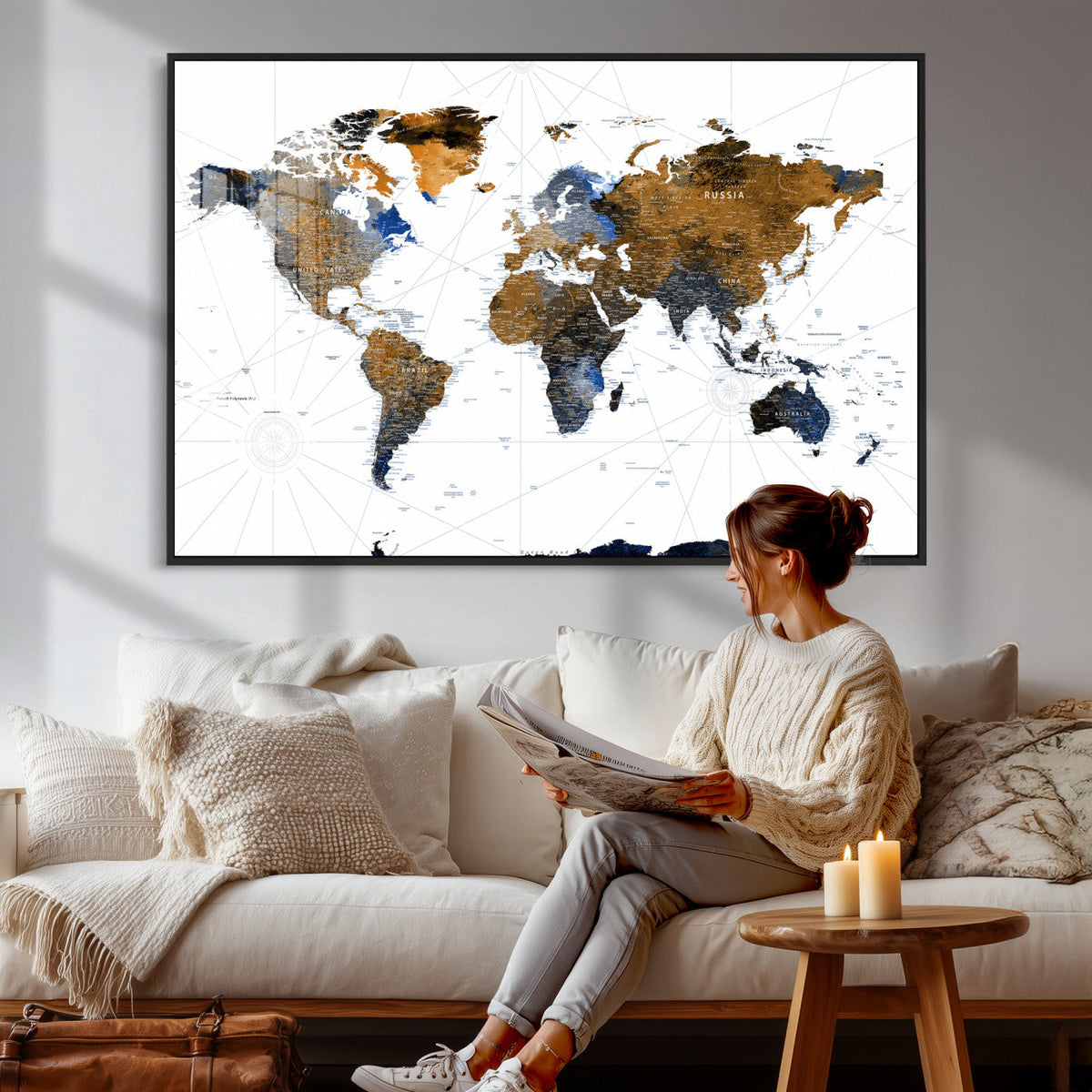 Colorful Watercolor World Map Canvas Wall Art – Framed