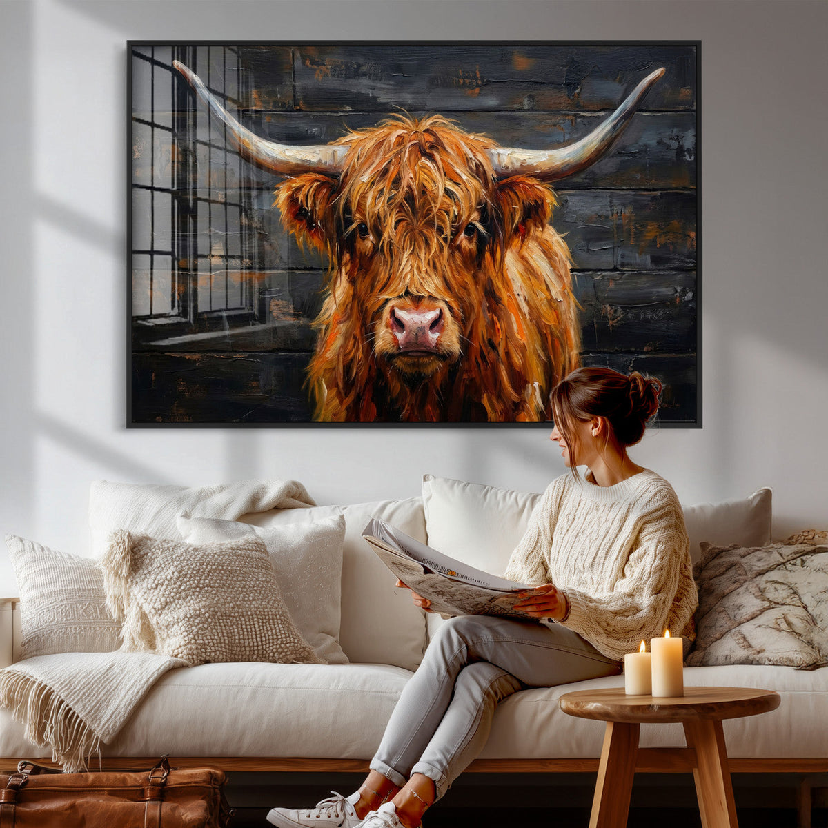 Highland Cow Wall Art Canvas Print, Rustic Farm Animal