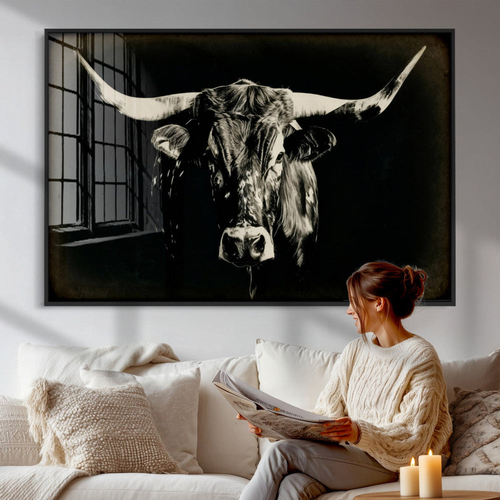 Black Bull Wall Art Canvas Print, Texas Longhorn Portrait