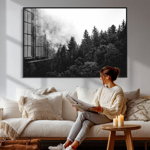 Black White Forest Wall Art Canvas Print, Misty Pine Tree