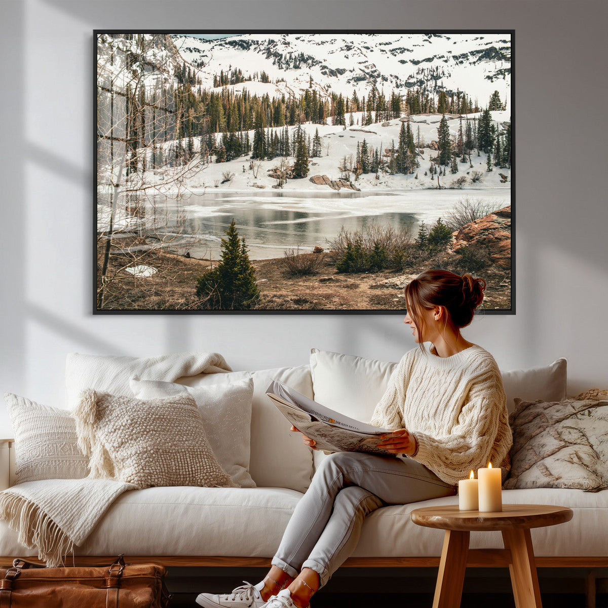 Snowy Mountain Landscape Wall Art Canvas Print, Alpine Pine