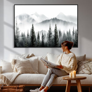 Misty Pine Forest Mountain Landscape Wall Art Canvas Print