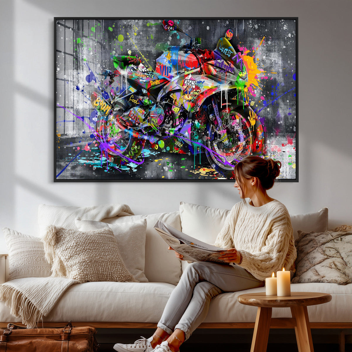 Graffiti Motorcycle Wall Art Canvas Print, Urban Street Art