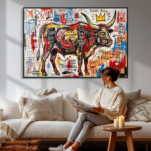 Texas Bull Wall Art Canvas Print, Abstract Graffiti Bull