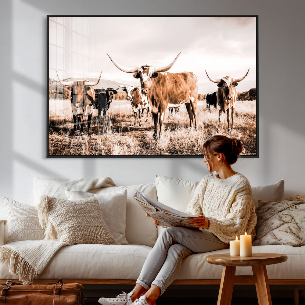 Texas Longhorn Cattle Wall Art Canvas Print, Sepia Western