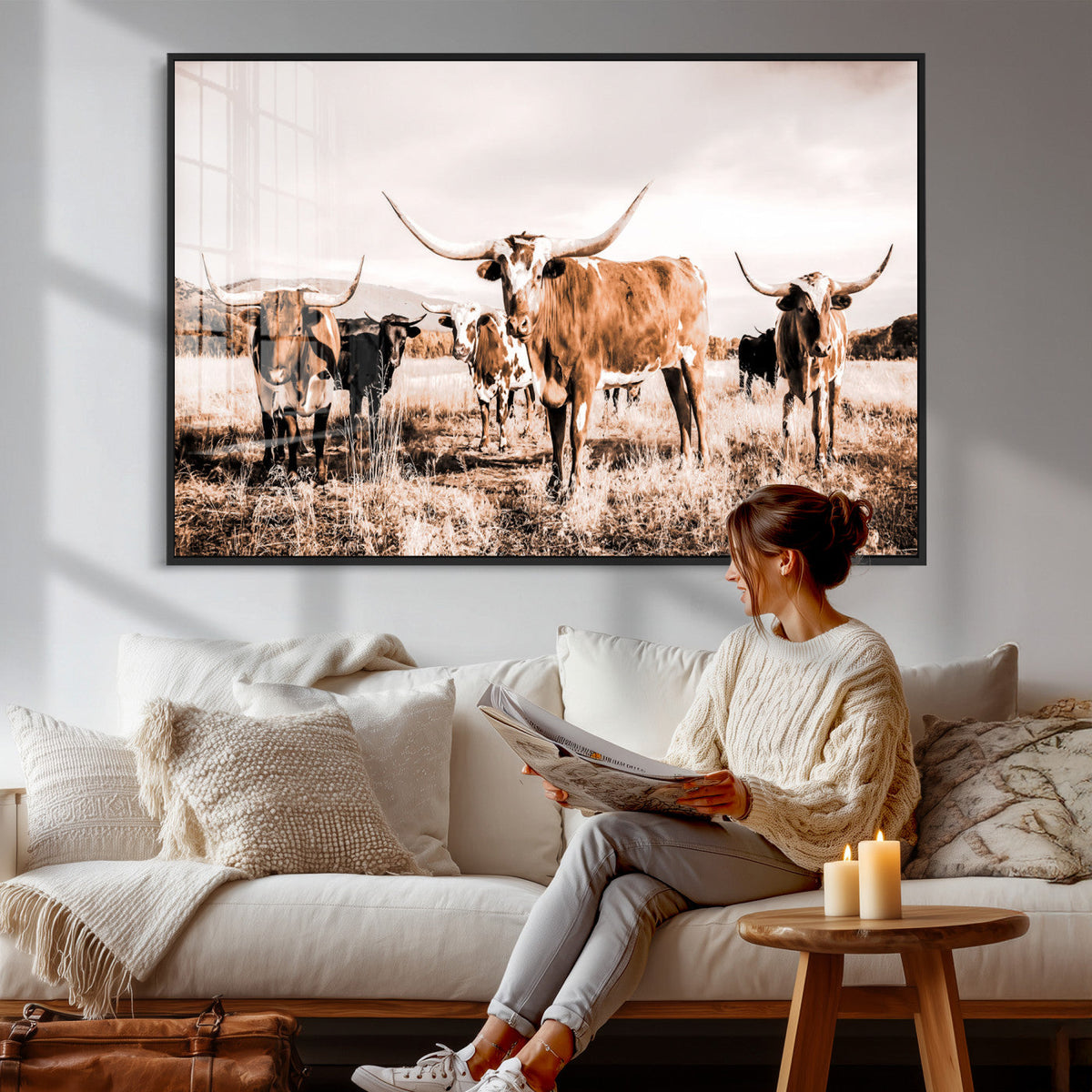 Texas Longhorn Cattle Wall Art Canvas Print, Sepia Western