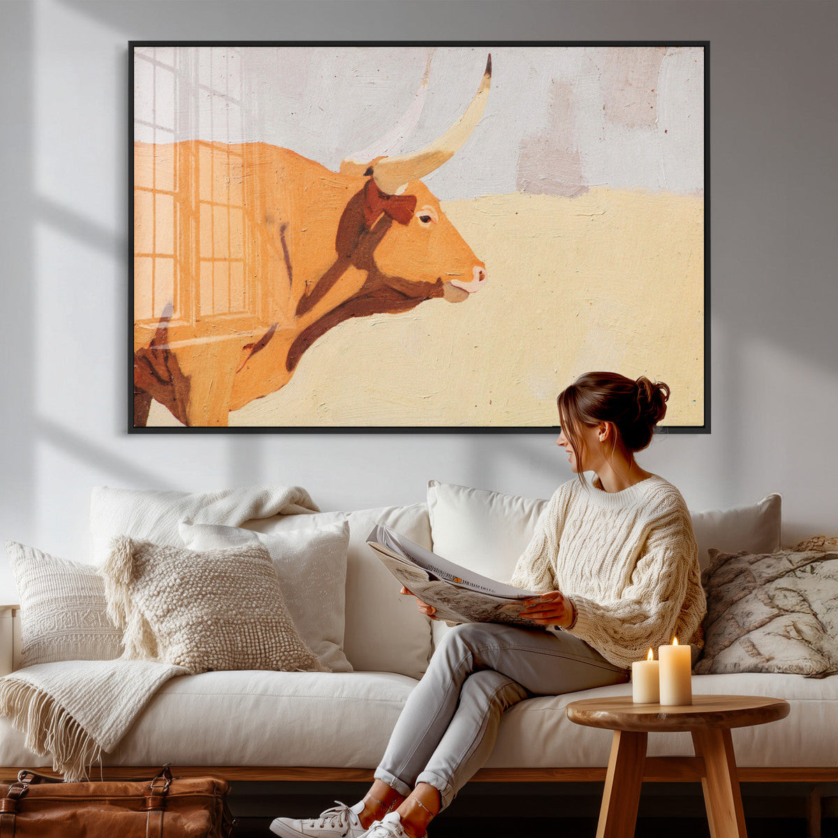 Minimal Longhorn Bull Wall Art Canvas Print, Neutral Western