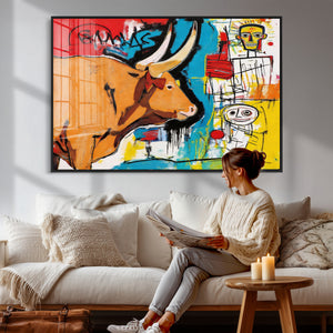 Basquiat Style Bull Graffiti Wall Art Canvas Print, Street