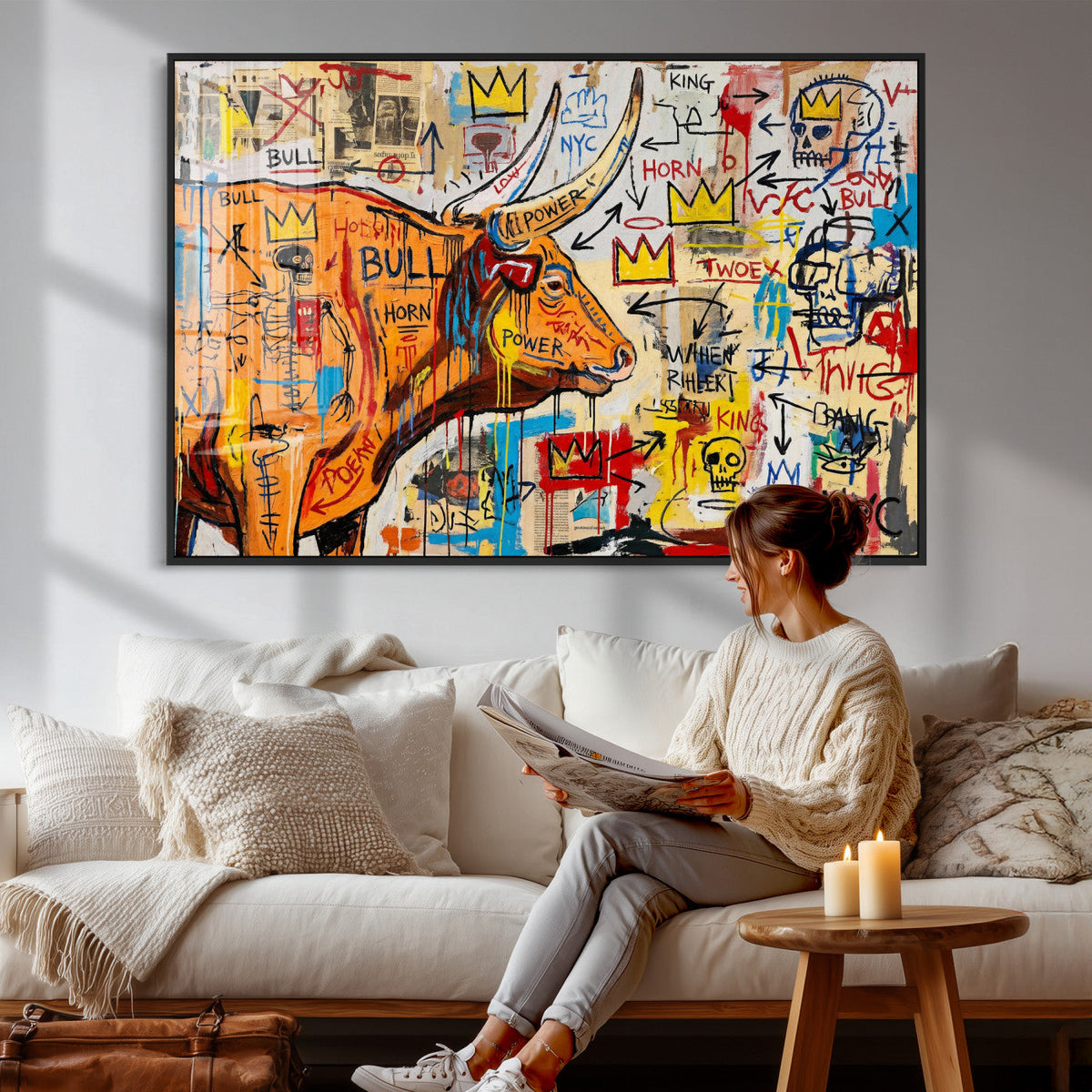 Basquiat Style Bull Graffiti Wall Art Canvas Print, Street
