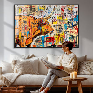 Basquiat Style Bull Graffiti Wall Art Canvas Print, Street