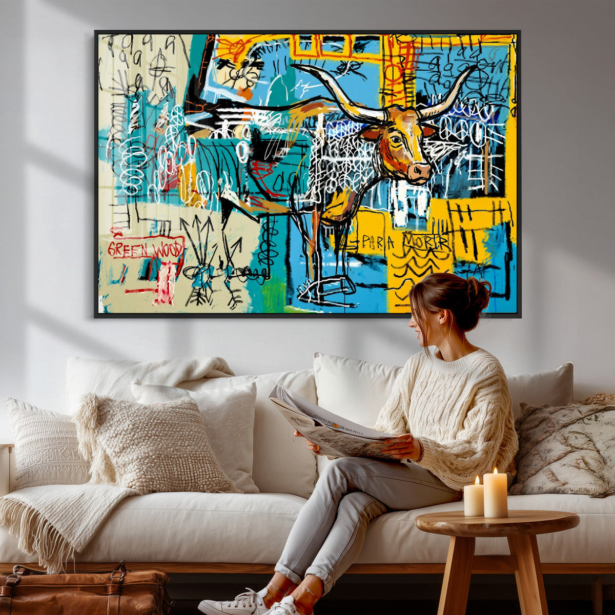 Basquiat Style Bird Bull Graffiti Wall Art Canvas Print,