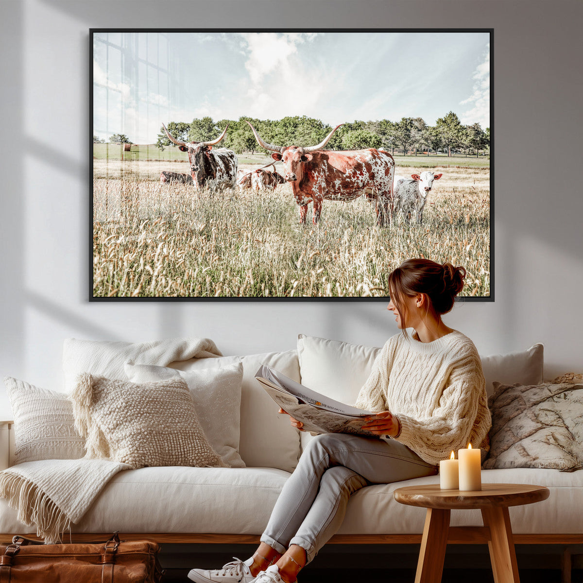 Texas Longhorn Cattle Wall Art Canvas Print, Rustic Ranch
