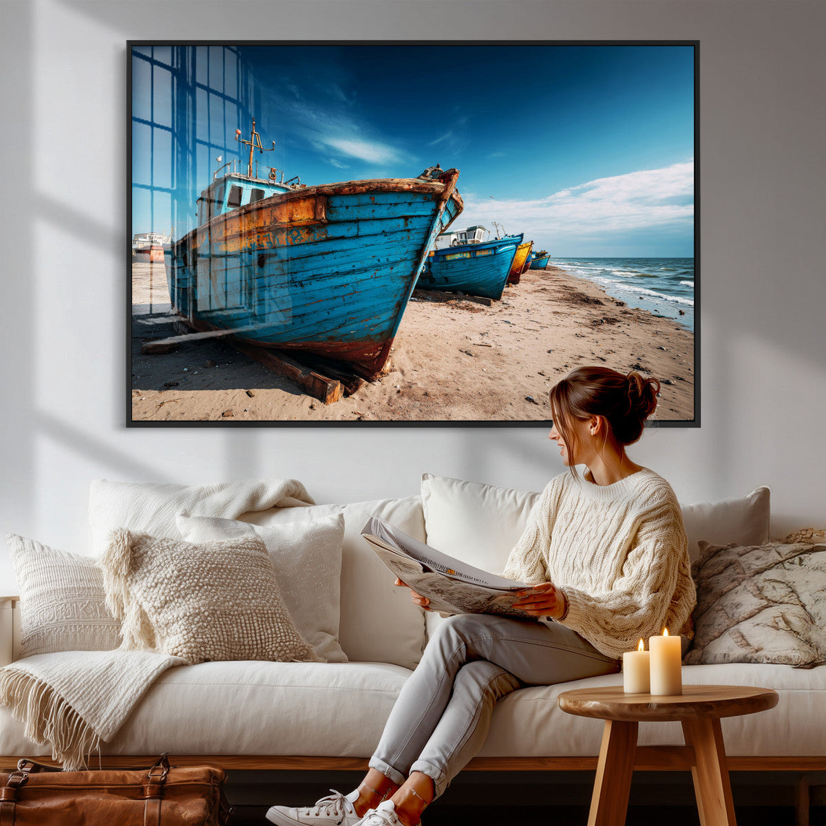 Coastal Fishing Boats Wall Art Canvas Print, Sunset Beach