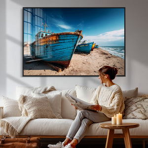 Coastal Fishing Boats Wall Art Canvas Print, Sunset Beach