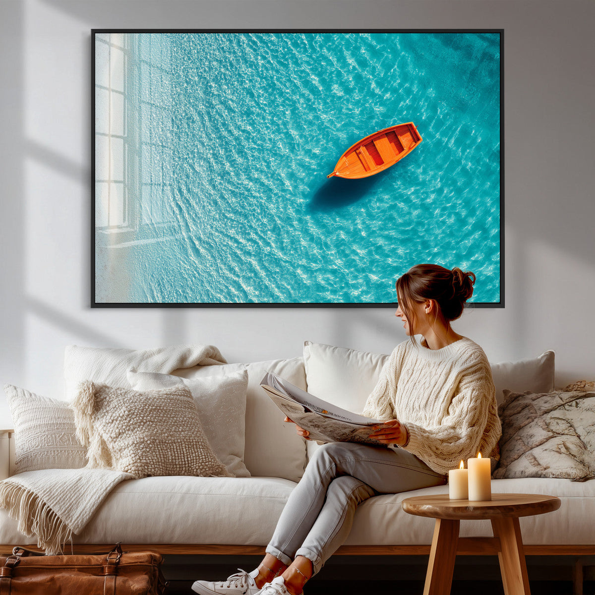 Minimalist Boat Wall Art Canvas Print, Aerial Sea Landscape