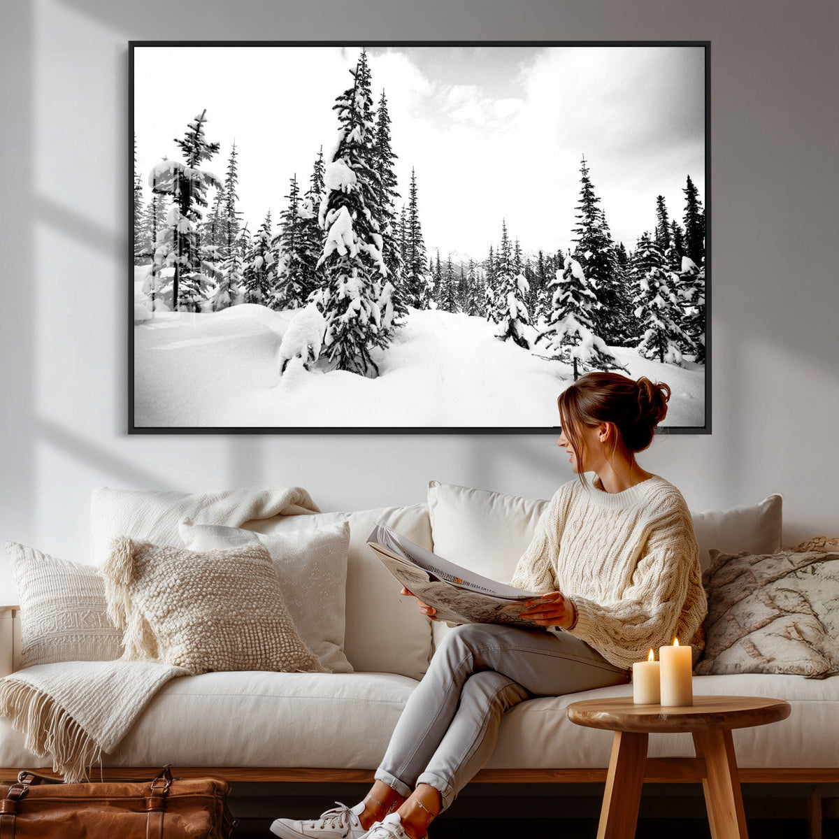Black and White Snowy Pine Forest Wall Art Canvas Print,