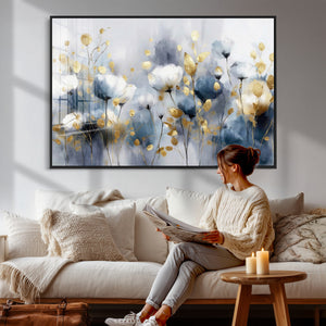 Large Abstract Flowers Wall Art Canvas Print – Gold and Blue