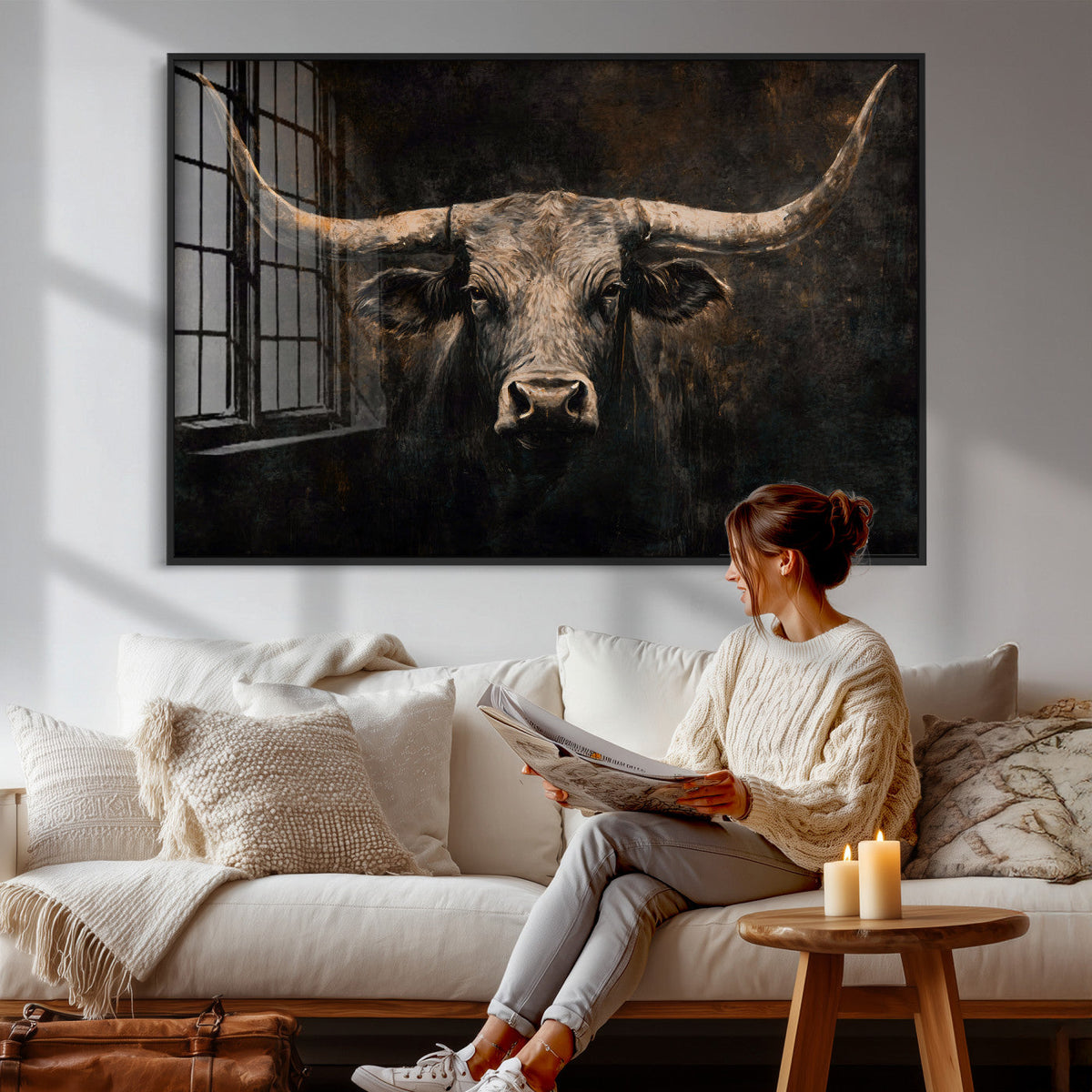 Vintage Longhorn Bull Wall Art Canvas Print – Rustic Western
