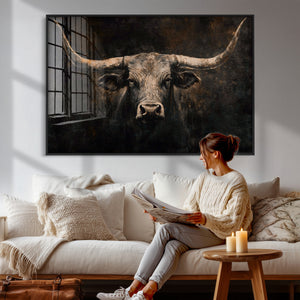 Vintage Longhorn Bull Wall Art Canvas Print – Rustic Western
