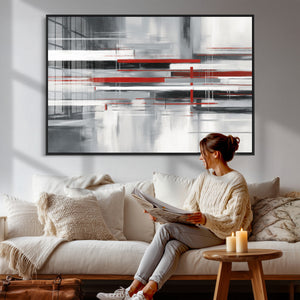 Gray Red Abstract Wall Art Canvas Print, Modern Abstract