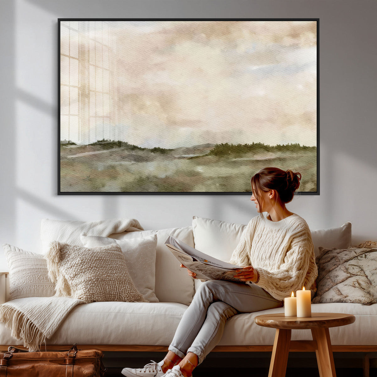 Muted Watercolor Hill Landscape Print — Beige Taupe Cloudy