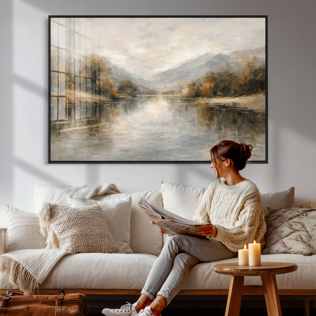 Neutral Abstract River Landscape Wall Art Canvas Print