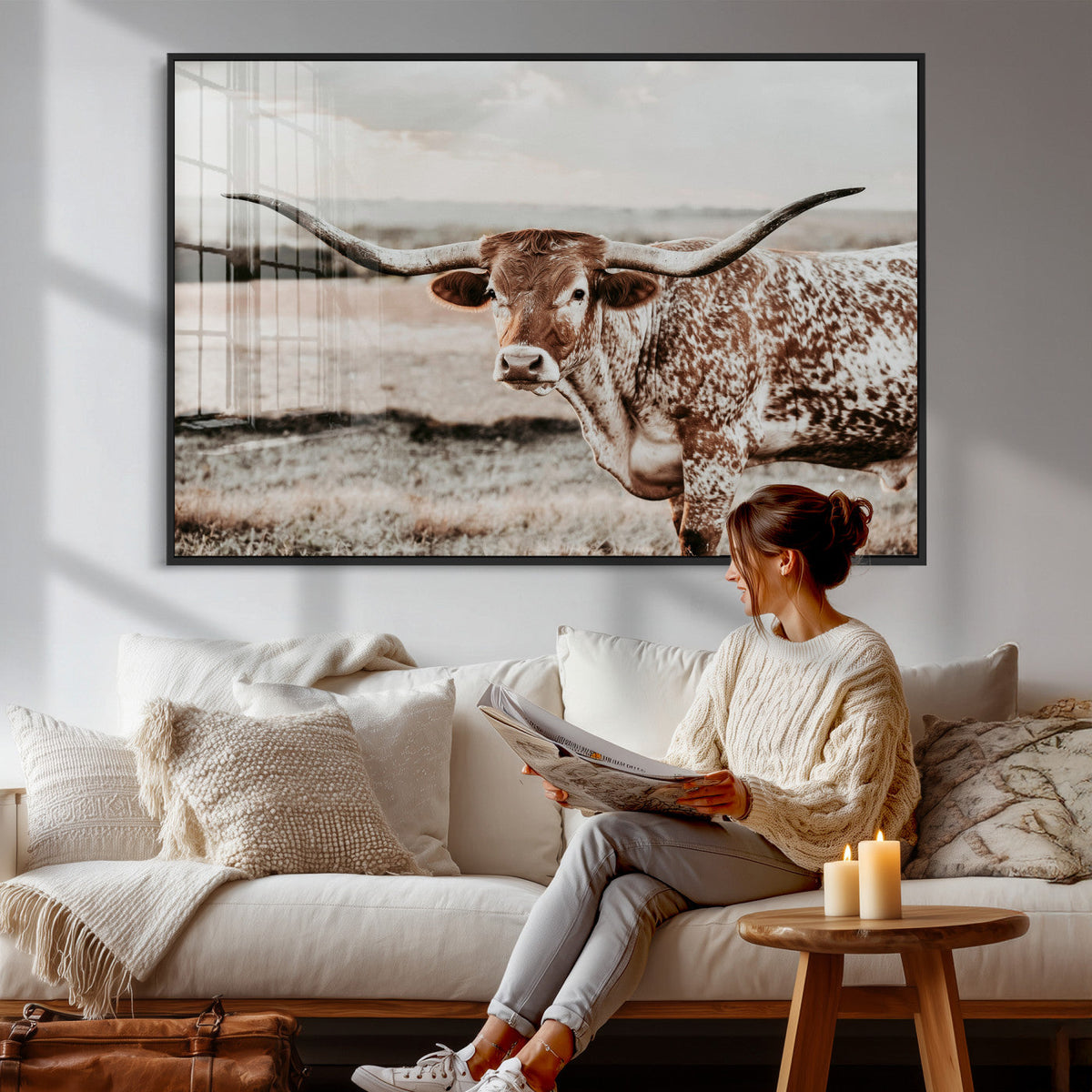 Texas Longhorn Bull Rustic Wall Art Canvas Print