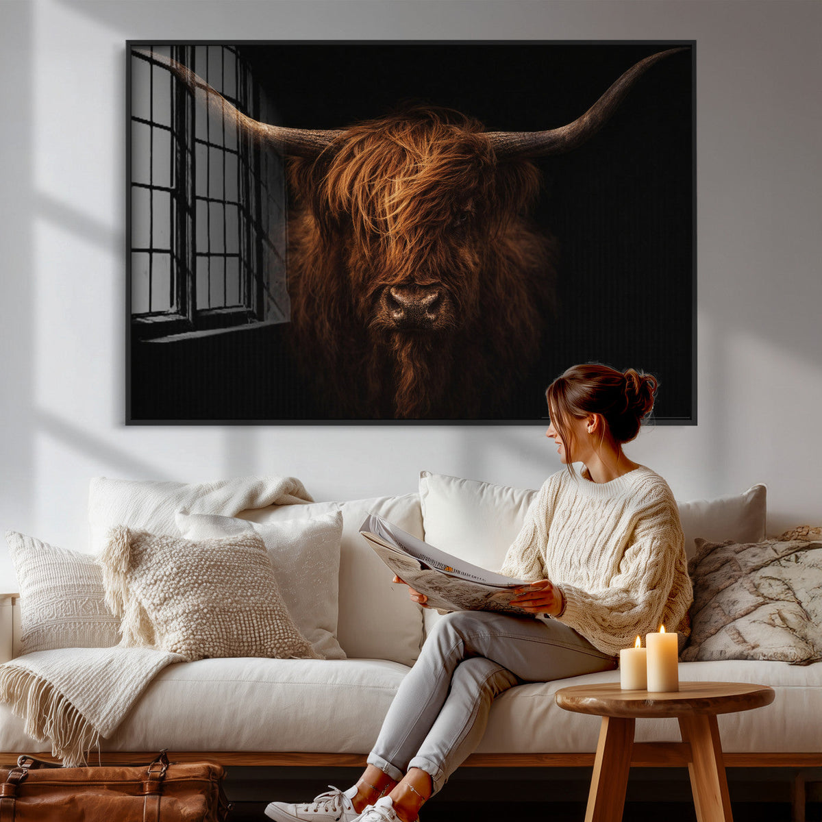 Highland Cow Wall Art Canvas Print – Moody Dark Rustic