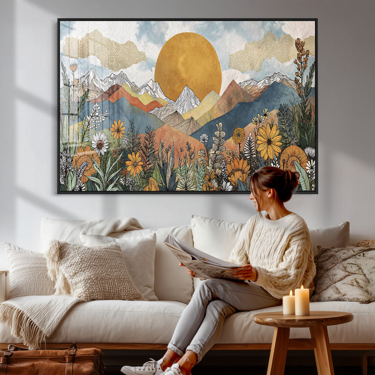 Boho Mountain Landscape Large Wall Art, Horizontal Gold