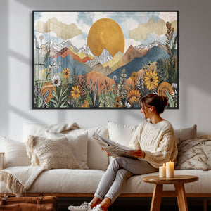 Boho Mountain Landscape Large Wall Art, Horizontal Gold