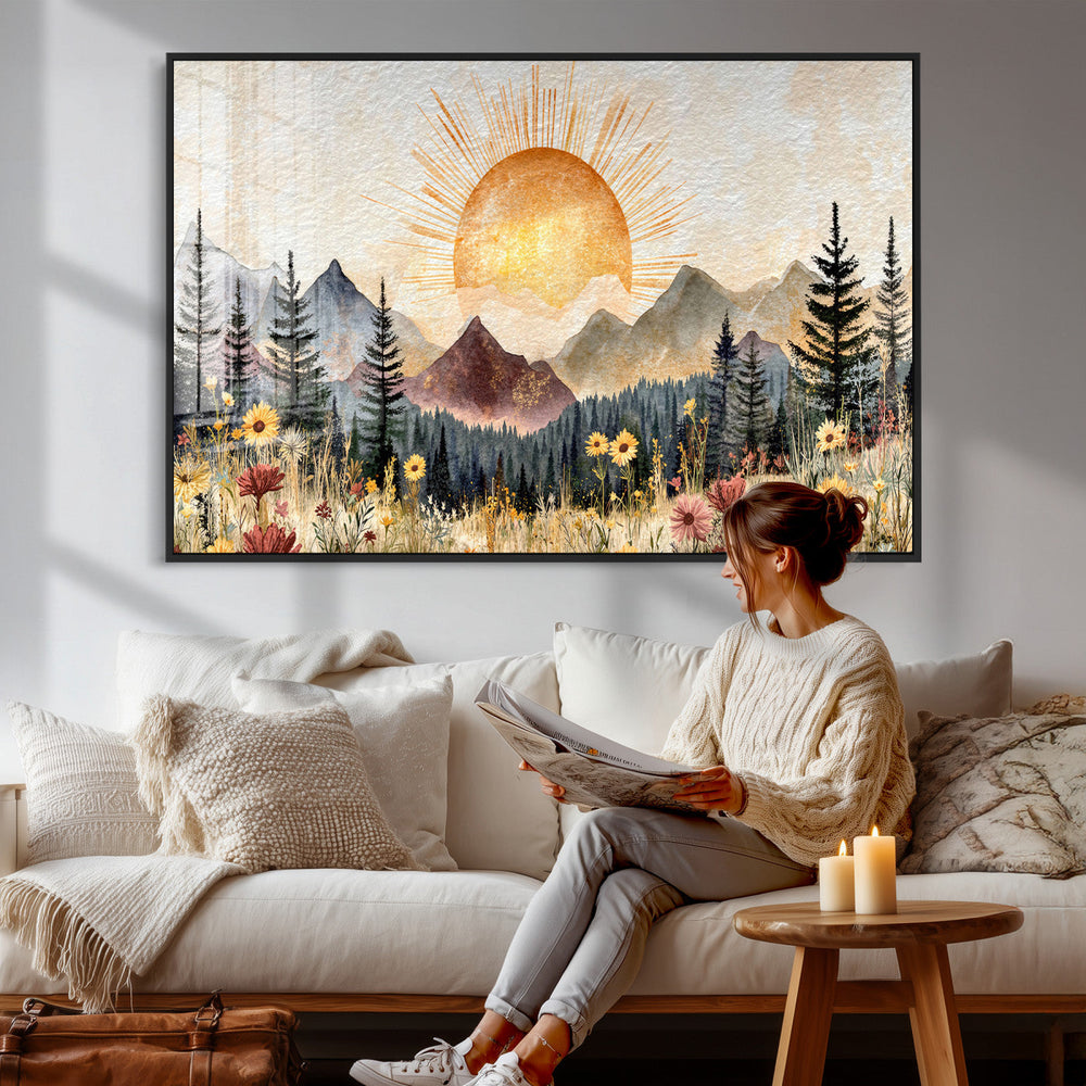 Boho Mountain Landscape Large Wall Art, Horizontal Gold