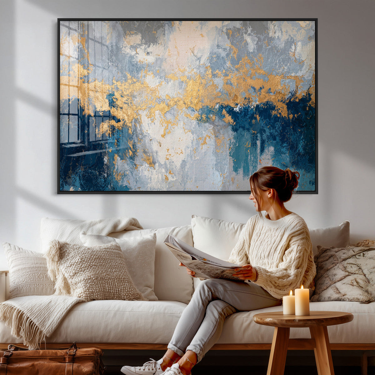 Blue Gold Abstract Large Framed Canvas Wall Art, Modern