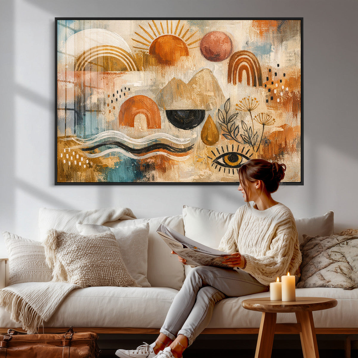 Geometric Boho Abstract Wall Art Canvas Print, Orange Blue