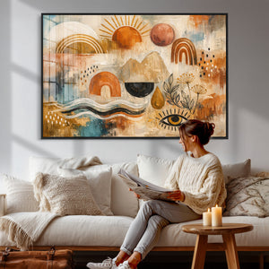 Geometric Boho Abstract Wall Art Canvas Print, Orange Blue