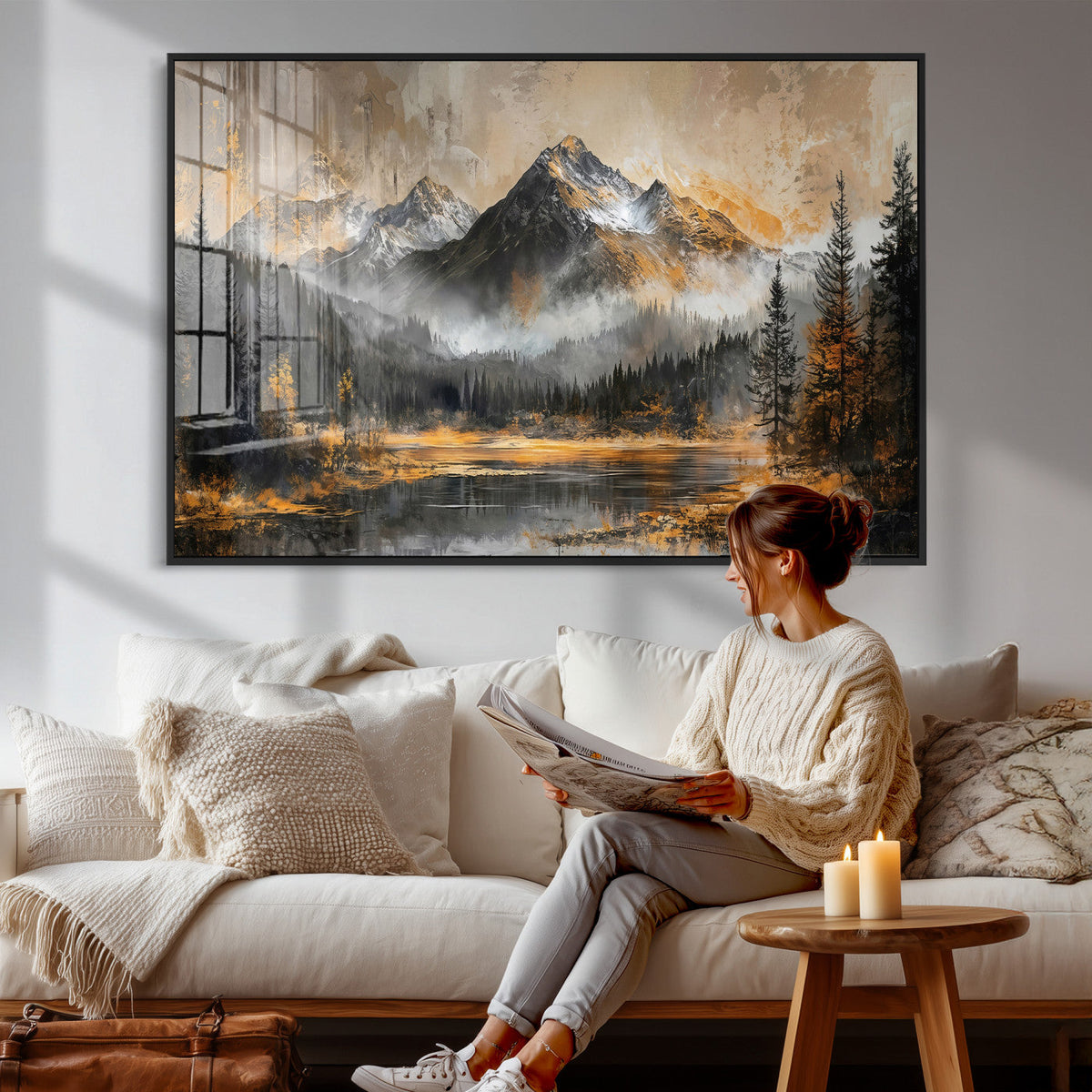 Mountain Lake Canvas Wall Art — Rustic Forest Landscape