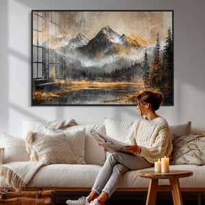 Mountain Lake Canvas Wall Art — Rustic Forest Landscape