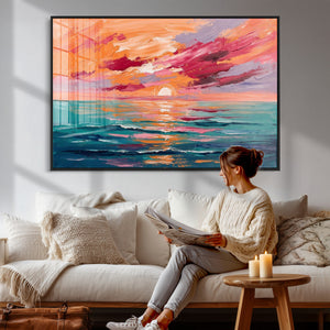 Bold Palette Knife Ocean Sunset Canvas — Orange Pink Teal