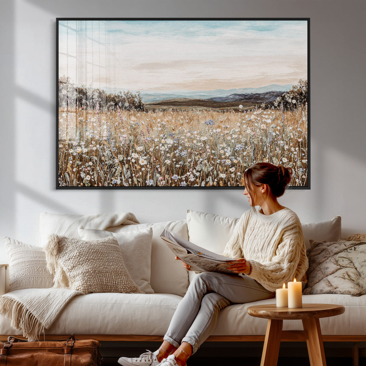 Neutral Wildflower Field Canvas Wall Art — Beige Earth Tone