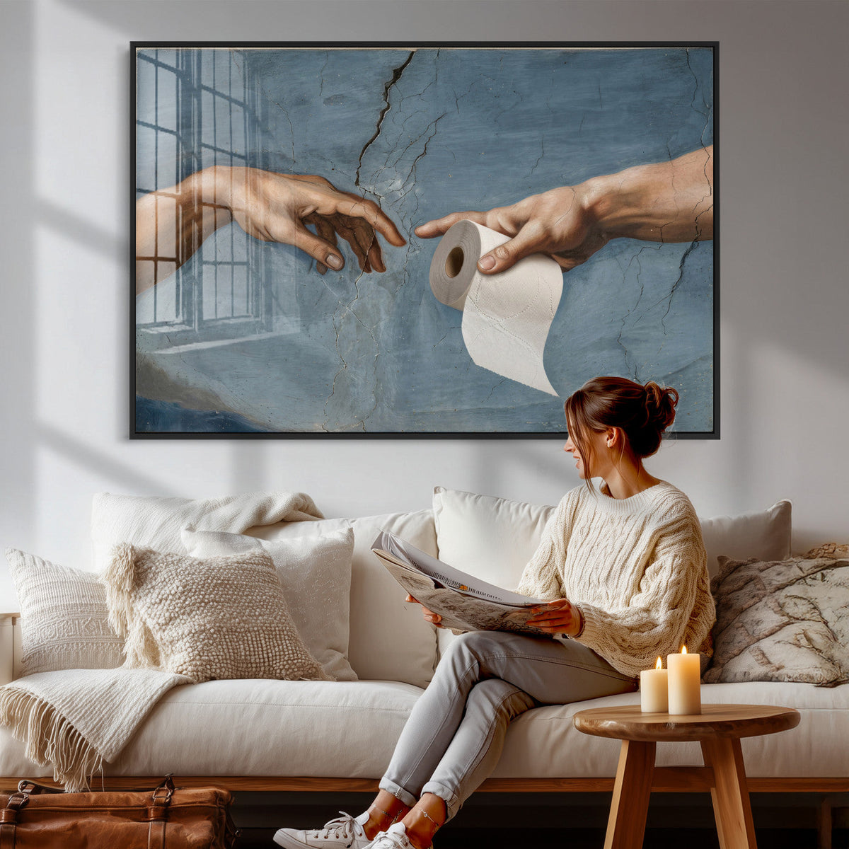 Funny Bathroom Canvas Wall Art, Michelangelo Creation of