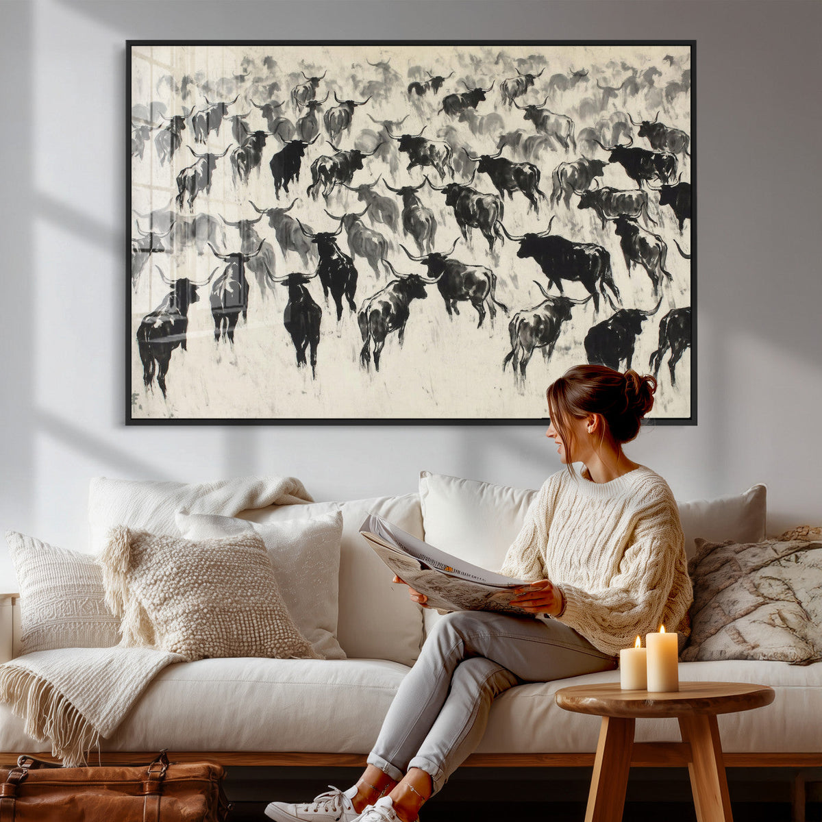 Longhorn Cattle Canvas Wall Art, Black White Stampede Ink