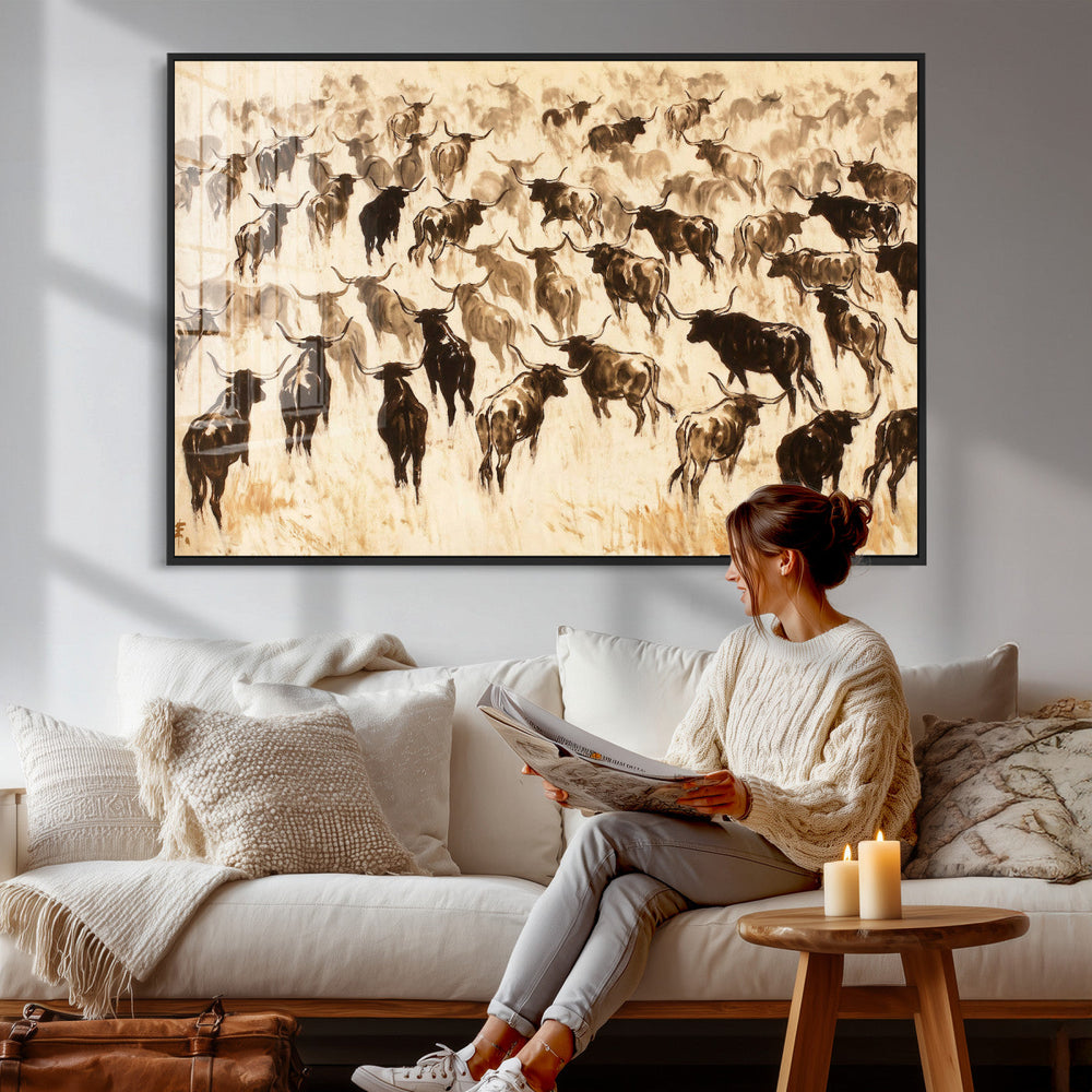 Texas Longhorn Sepia Canvas Wall Art, Western Cattle